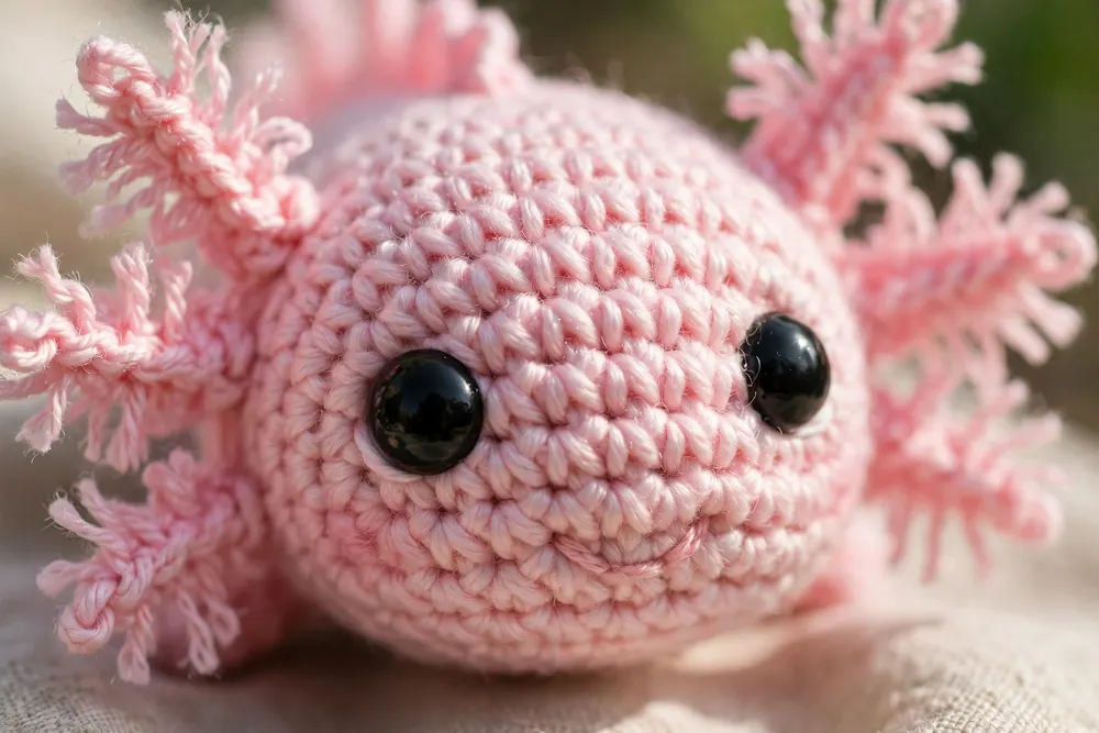 Close-up of crochet axolotl amigurumi face with gills