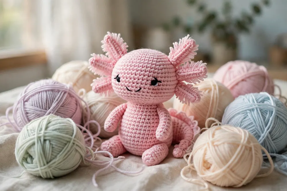Pink crochet axolotl amigurumi with pastel yarn balls