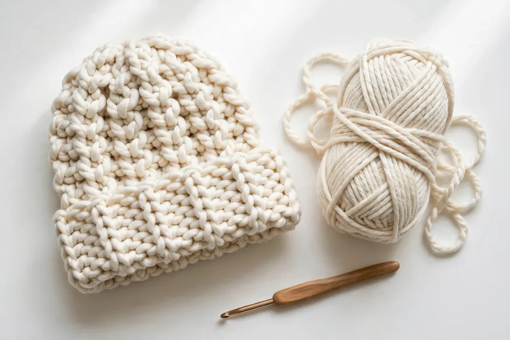 Finished chunky yarn crochet beanie with yarn and hook