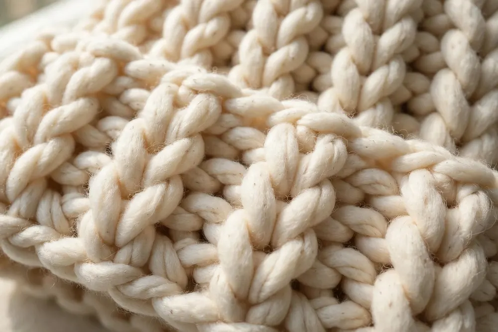 Close-up of chunky crochet beanie stitches in cream yarn