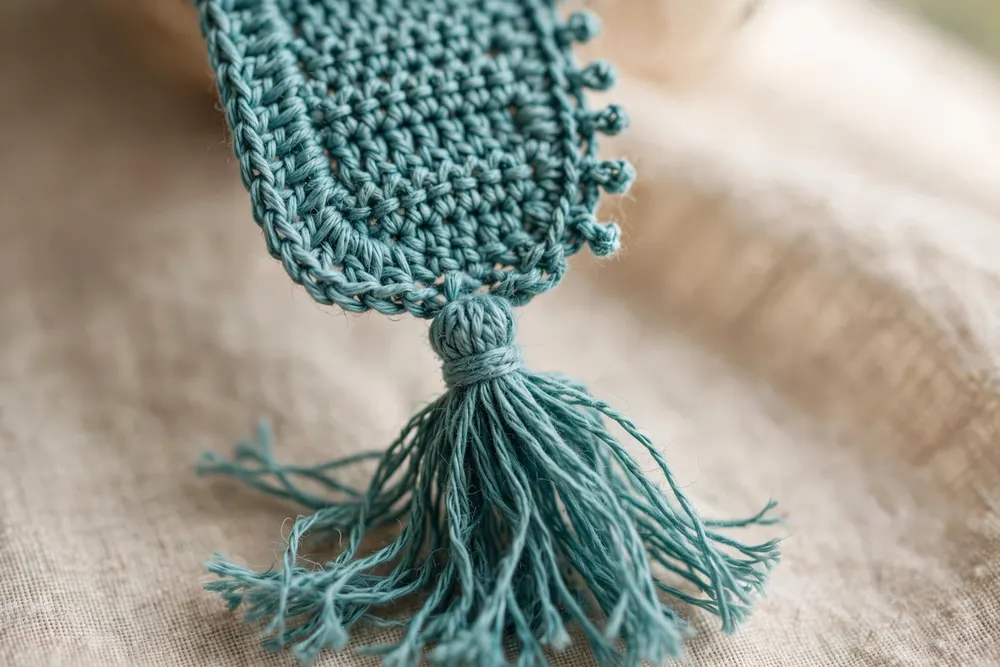 Close-up of crochet bookmark tassel in teal yarn