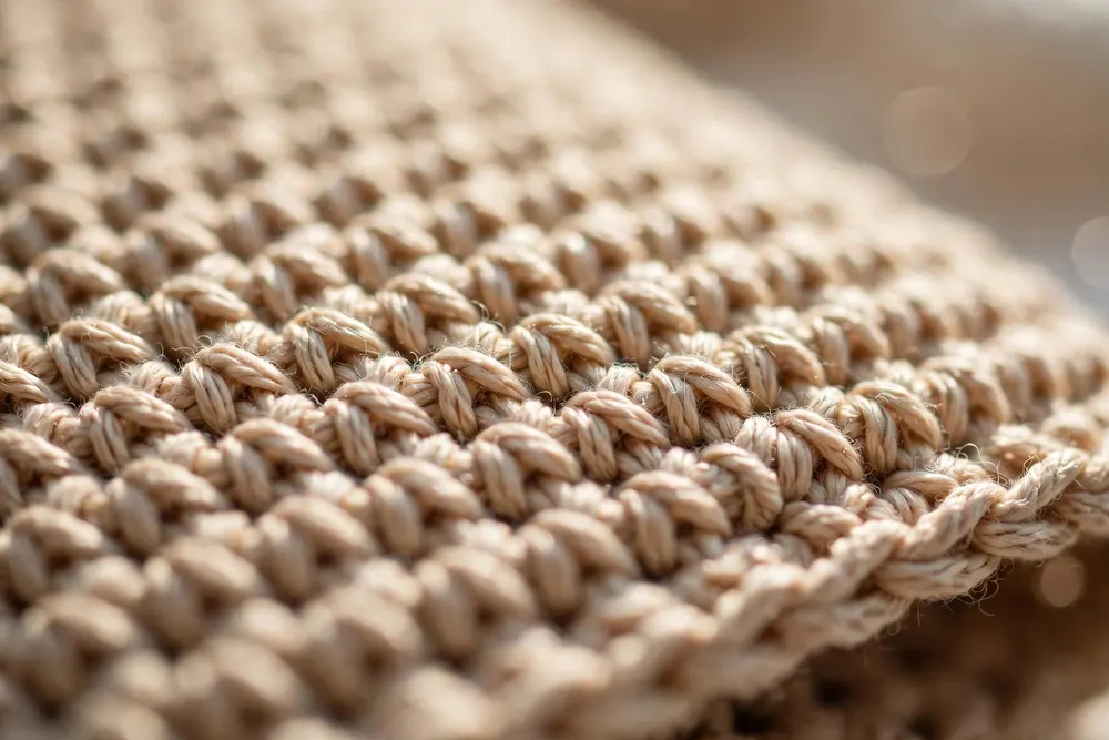 Close-up of single crochet stitches on a beginner crochet book sleeve
