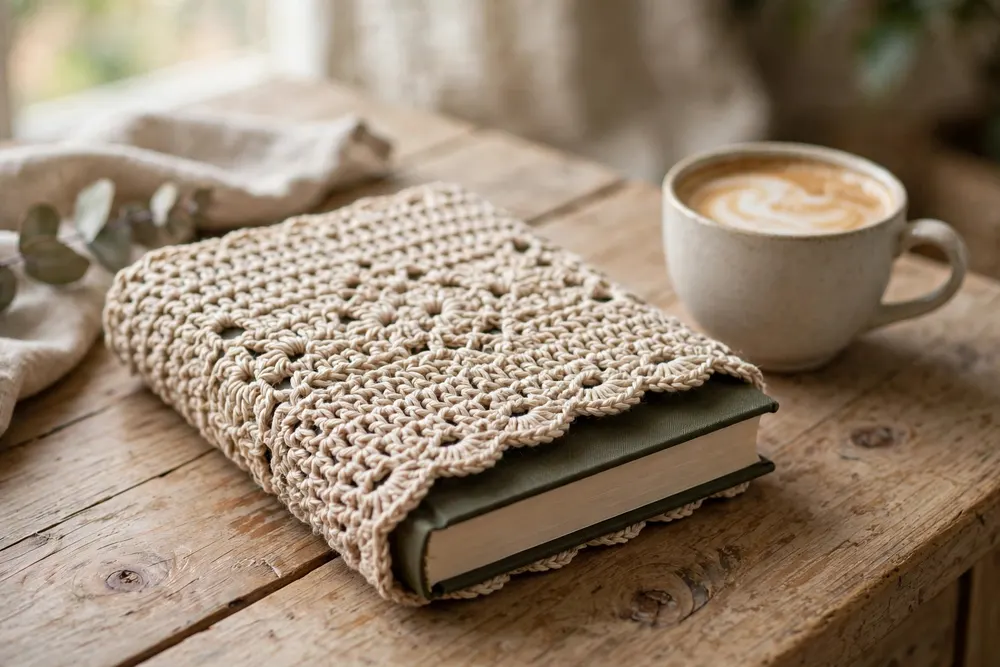 Finished single skein crochet book sleeve on a hardcover book