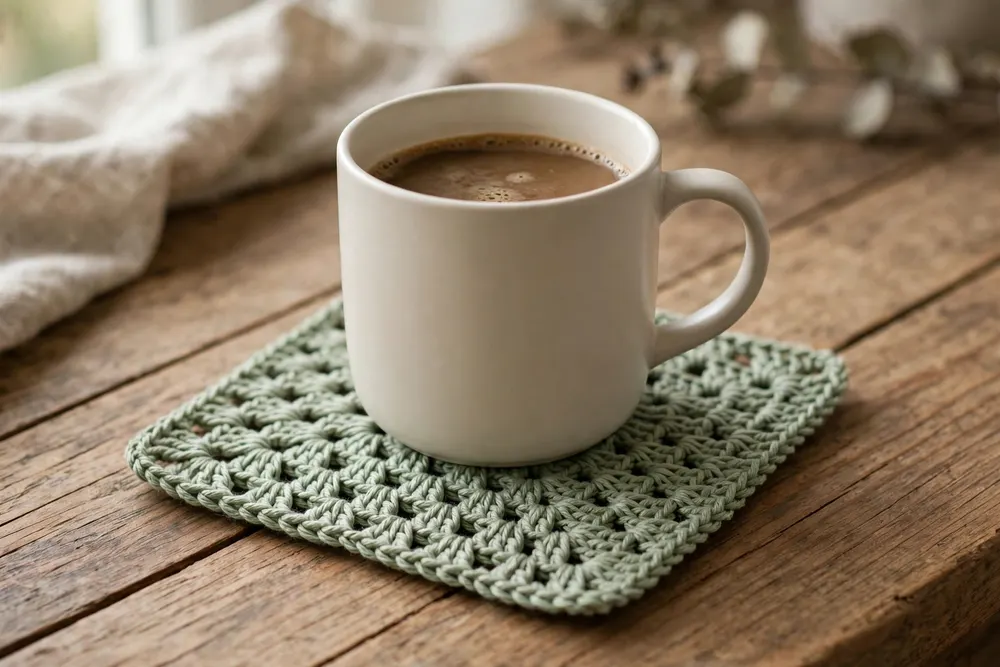 Square crochet coaster under a coffee mug