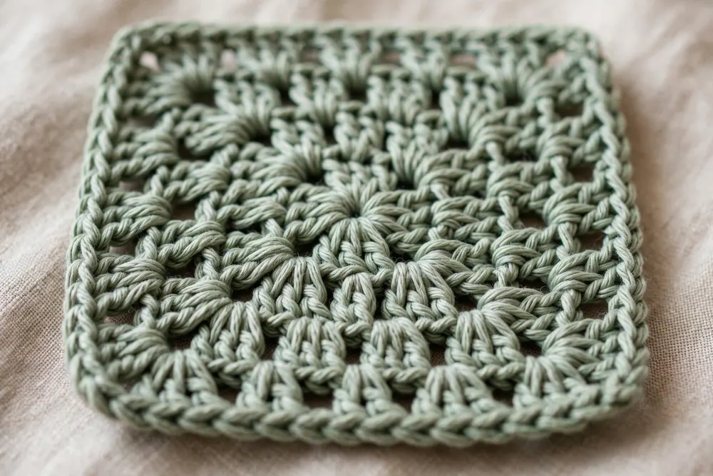 Close-up of square crochet coaster stitch pattern