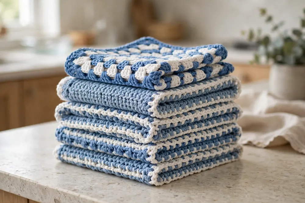 Stack of handmade half double crochet dishcloths