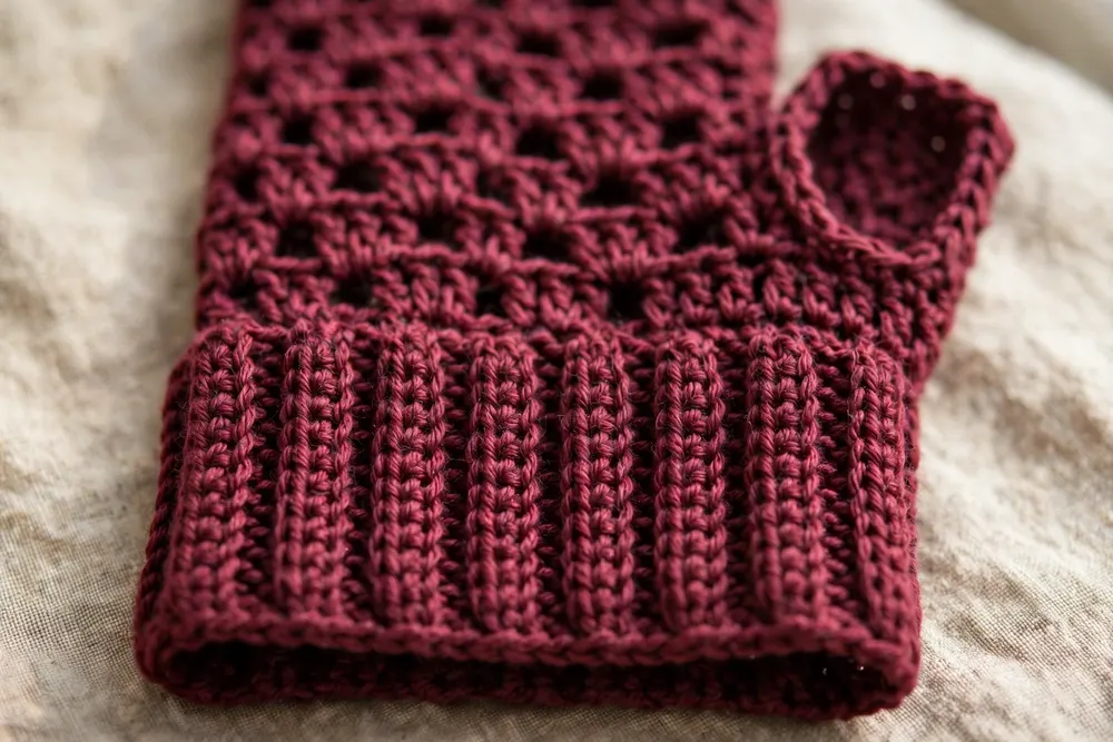 Close-up of crochet fingerless gloves ribbed cuff