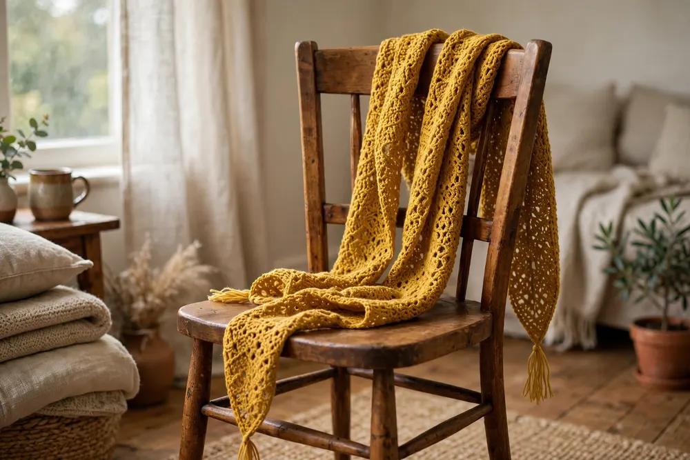 Finished 1-hour single crochet scarf draped over a chair