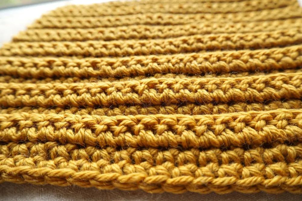 Close-up of single crochet stitches on a beginner scarf