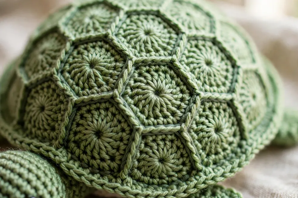 Close-up of magic ring crochet turtle shell pattern